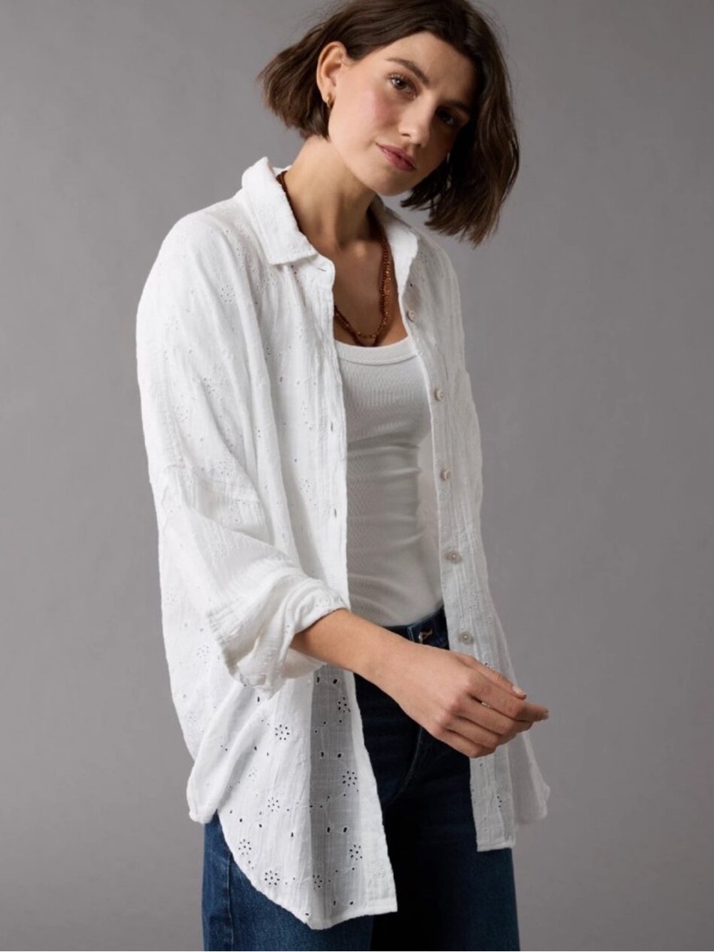 American Eagle Go Big Oversized Button Down in White Eyelet Detail Size XS